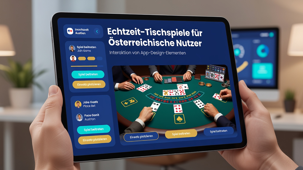 Portable device displaying integrated live dealer table game with design elements optimized for Austrian regulatory compliance